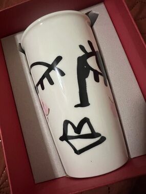 Starbucks Pink Winking Eye Siren Face Dot Art Ceramic Tumbler Traveler Mug 12oz